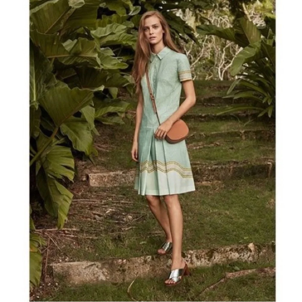 Tory Burch Emmy green pleated cotton stretch shirt dress Sz 4